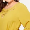 2019 grande taille bord jaune découpé au Laser plaine robe courte femmes 2019 printemps trois quarts longueur robe à manches