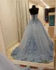 D Floral Blue Gorgeous Applique Prom Dresses Sweethert Neck Lace Spoe Sweep Train Corset Back Guraduation Party Ball Glown Custom Made Made