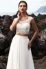2020 Two Pieces Tulle A Line Summer Beach Wedding Dresses Bohemia Lace Top Sheer Back With Buttons Floor Length Arabic Wedding Bridal Gowns