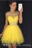 2019 Giallo Nuovo vestito da ritorno a casa Una linea Girocollo trasparente con perline Short Juniors Sweet 15 Laurea Cocktail Party Dress Plus Size Custom Made