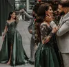 Hunter verde esmeralda de noite formal Vestidos 2020 Luxo manga comprida frisada Lace fenda Sexy Árabe ocasião Prom Dress com Overskirt