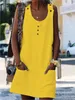 Mulheres Plus Size Dress S- 5xL 10 Cores Colher Pescoço Bolsos Sem Mangas Botões Sólido Casual Verão Moda Roupas