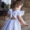 Bébé Filles Vêtements Enfants Retour Bouknot A-ligne Robes Coton Lin À Volants Princesse Robe D'été Fly Manches Vacances Robe Tutu Robe AYP556