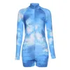 Tie Dye aptidão macacões curtos Casual Bodycon macacãozinho Mulheres Jumpsuit manga comprida Zipper elásticas Roupa de fitness