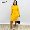 Liooil Sexy moulante robe mi-longue femmes automne hiver 2019 Streetwear à manches longues col rond noir boîte de nuit fête robes ajustées