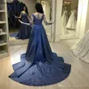 Prachtige marine blauw een lijn avondjurken satijn kant applique pure lange mouwen prom jurk feest formele jurk avondjurken gewaad vestidos