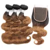 1B 30 paquets de cheveux bruns ombre avec fermeture cheveux brésiliens vierges de vague de corps 3 paquets avec fermeture à lacets 4x4 extensions de cheveux humains Remy7389237