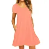 Plus Size Moda Damskie Letnie Casual Krótki Rękaw Solid Color Beach Sukienka z kieszeniami Deep V-Neck Luźna Plisowana Bawełna Mini Dress Loose