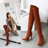 Plus size 32 to 42 to 48 red synthetic suede pointed high heel over the knee thigh high boots orange black 11cm1448397