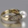 Gold Color Punk Vintage Flower Big Simulated Pearl Ring for Woman Dropshipping