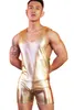 Black Gold Prata Homens Metálicos Faux Leather Tanques De Couro Sem Mangas Shapsuit Sexy Bodysuit Sexy Fitness Wrestling Shapewear