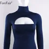 Forefair Autumn Long Sleeve Turtleneck Party Dress Women Open Chest Mini Bodycon Dress Black Grey Winter Sexiga kl￤nningar MX200518