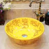 Antique Dragon pattern Round Countertop Art Lavabo Ceramic Sink Bathroom wash Basin yellow color