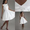 Sexy Design A Line Scoop Knielengte Korte Trouwjurken Witte Satijnen Boog Terug Goedkope Backless Bruiloft Receptie Partyjurken