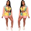 Multicolour Block Patchwork Tracksuit Elegante Manga Longa Zíper Acima Trench de Manga Longa E Shorts Set Night Club Women Outfits