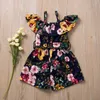 2020 Summer Baby Girls Floral Romper Fashion Söta barn Flower Printed Sling Jumpsuit Ruffles Children Bow Bodysuit C6239