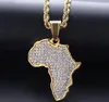 18 Karat vergoldete Iced Out Africa Map-Anhänger-Halskette aus Edelstahl mit 3 mm 24 Zoll langem Seil