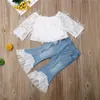Toddler Kids Clothes Set Baby Girl Lace Off Shoulder T Shirt Tops Destroyed Ripped Jeans Flare Pants Children Outfits 2Pcs 1901530