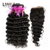 Peruvian Deep Wave Curly Virgin Human Hair Weave 3 buntar med spetslås Obearbetad Remy Hair Extensions Naturlig färg kan bleka färgämne