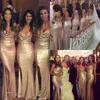 Sparkly Sequined Rose Gold Mermaid Side Split Bridesmaid Dresses Spaghetti Straps Plus Size Maid of Honor Dress Beach BA1070