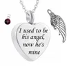 Engraved I Used to be his Angel, Now He's Mine - Cremation Jewelry Initial Necklace Keepsake Memorial Urn Necklace with Birthstone Crystal