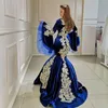 Royal Blue Mermaid Prom Dresses Scoop Neck Poet Long Sleeves Appliques Beads Evening Gowns Sweep Train Formal Party Wear Evening Gowns