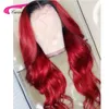 1b 99j # 360 Lace Frontal Wig Body Wave Synthetiska Spets Front Paryker Med Baby Hår Ombre Vin Röd Paryk För Kvinnor