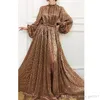 Sexy Sprankelende Gouden pailletten Avondjurken Hoge Hals Hoge Kant Split Prom Dress Lange Mouwen Jurk Evening Draag Dragen Jobes de Soirée