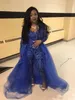 Macacões Azul Royal Vestidos de Baile Com Sobressaia Decote em V Mangas Longas Vestidos de Noite com Lantejoulas Tamanho Grande Calças Concurso Africano Roupas de Festa