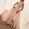 Nowe Tanie Blush Różowe Prom Dresses Mermaid Pełna Koronka Bez Rękawów Wysoka Neck Otwórz Back Overskirts Sweep Train Custom Evening Party Suknie Niestandardowe