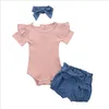 Baby Clothes Girls Solid Rompers Bowknot Denim Shorts Headband Clothing Sets Kids Jumpsuit Floral Printed Shorts Hairband Suits PY614