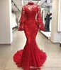 Mermaid Elegant Red Prom Crystal Beaded Long Sleeve Pageant Dresses High Neck Kaftan Dubai Arabic Lace Evening Gown