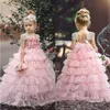 Rosa Tiered Tulle Wedding Flower Girls 'Dresses Tulle Princess Girls Pageant Klänningar 2019 Barn Formell Wear Birthday Party Gowns