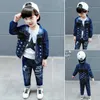 Outono roupas de bebê de algodão manga comprida sólida começo jaqueta top jeans calças 3 pcs jeans tracksuit bebê menino conjunto de roupas