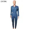 Turn-Down Collar Sexy Denim Jumpsuit 2019 Women Blue Deep V Neck Long Sleeve One Piece Overall Vintage Ladies Pockets Bodysuits T5190614