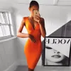 最新ボディコン包帯ドレス女性オレンジノースリーブディープVネックセクシーナイトクラブセレブイブニングパーティードレス女性vestidos