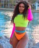 Women Bikni Tankinis Summer Outfits Ladies Long Sleeve Crop TopsSwimming Trunks 2 Piece Clothing Sets Contrast Color Beach Swimwe9028423