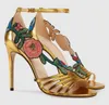 Fashion Design Women Top Brand Open Toe Flowers Decorated Stiletto Gold Black Ankle Strap High Heel Sandals Dress Shoes Heels 5 s