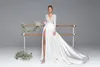 Eva Lendel 2020 Side Split Trouwjurken V-hals Lange Mouw Kralen Kant Bruidsjurken Sweep Train Plus Size Bridal Jurk