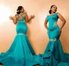 African Pea Prom klänningar Spets Applique Mermaid Straps V Neck Tiered Satin Sweep Train Custom Made Evening Party Gowns Plus Size 403