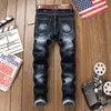 Nova marca estilo chinês bordado floral comprimento completo mens calças jeans calças rendas moda lavada jeans elástico calças