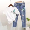 2019 primavera feminino lantejoulas pássaro 2 peça conjunto de manga curta t camisa topos + casual buraco calças jeans moda dois