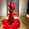 Designer Red Mermaid Prom Dresses 2019 Sexy Ruffles Shoulder Lace Backless Evening Dress Sweep Train Formal Party Gowns Custom Mad2084014