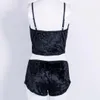 Femmes Sexy velours deux pièces Lingerie haut court + Shorts vêtements de nuit dentelle vêtements de nuit sous-vêtements pyjamas Chemise ensembles noir rose gris