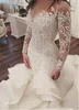 2019 plus storlek organza sjöjungfru bröllopsklänningar ny ankomst spets långärmad muslimska vestido de noiva romantiska applikationer ruffles bröllopsklänningar