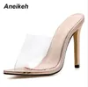 Aneikeh 2020 클래식 PVC 여름 높은 뒤꿈치 슬리퍼 오픈 발가락 섹시한 투명한 얇은 하이힐 솔리드 뾰족한 발가락 골드 크기 35-40