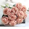 Flanela Rosa Flor 10 Pçs / Lote Decorações De Casamento Real Toque Pano Rosa Flor Cabeça Haste De Plástico Home Office Loja De Seda Decorativa 2316