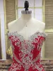 2020 Luxury Overskirt Mermaid Bröllopsklänningar med avtagbara tåg Arabiska Dubai Stones Crystals Bridal Gowns Red Lace Vestidos de Novia