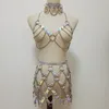 Women Punk Harness Holographic Laser Leather Handmade Body Bondage Sexy fishnet skirt Chest belt fashion choker silver Chain Bra1249F