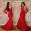 Red Mermaid Suknie Wieczorowe Sweetheart Koronki Aplikacja Koralik Długie Rękawy Długość Formalna Suknie Wieczorowe Suknie Wieczorowe Wear Robes De Soirée Vestidos